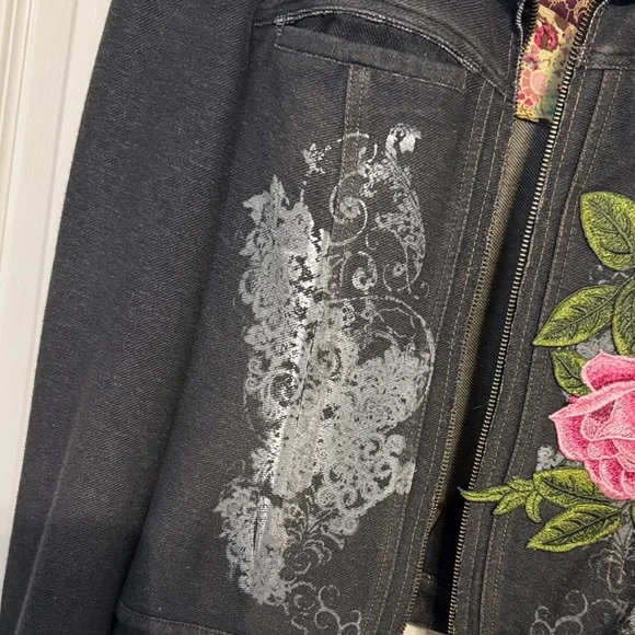 Aratta size small NWT Women's Black Denim Jacket with Pink Floral Embroidery - Picture 2 of 4